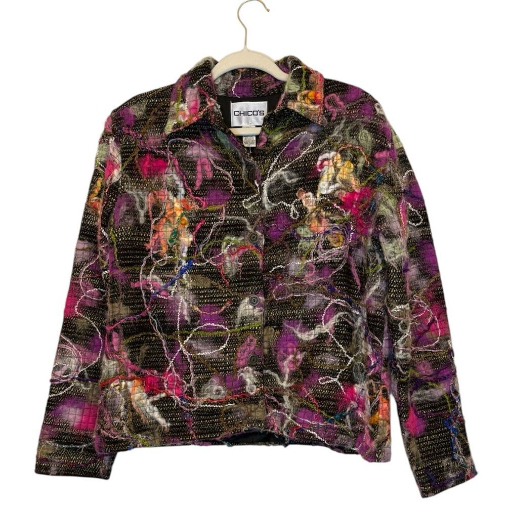 Chicos Artsy Wool Blend Multicolor Abstract Jacket Fuzzy Womens M/L